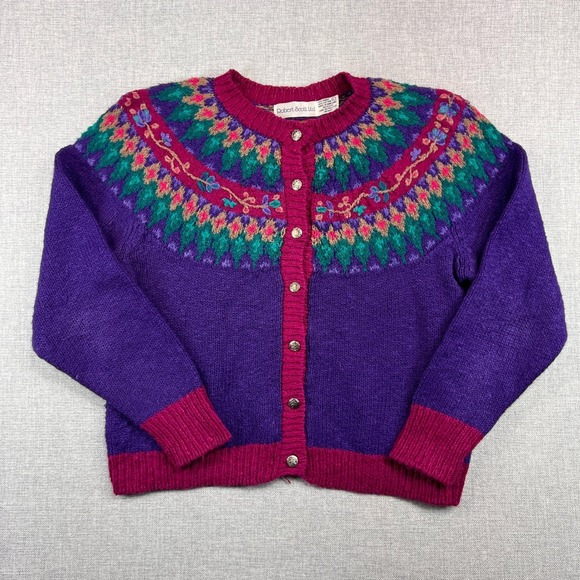 VTG 90s Robert Scott Fair Isle Knit Cardigan Sweater Women L Purple Cottage Cozy